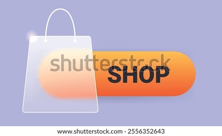 Shop bag button on gray background. Vector glass morphism market pop up notification illustration