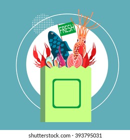 Shop Bag With Fresh Sea Food Craw Fish, Crayfish, Shrimp Flat Vector Illustration