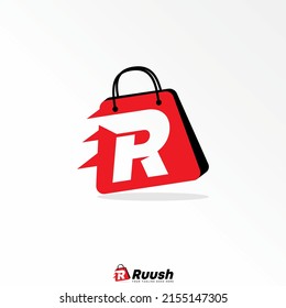 Shop bag with letter or word R speed move font image graphic icon logo design abstract concept vector stock. Can be used as a symbol related to initial or commerce