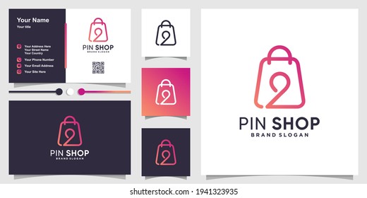 Logotipo del bolso de compra con el concepto de localización creativa del pin y diseño de tarjeta de visita Premium Vector