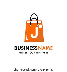 Shop bag logo design template illustration. There shop bag and font J