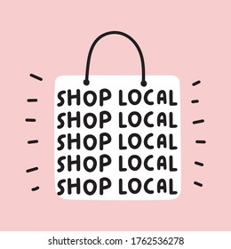 Shop Bag With Phrases - Shop Local.  Flat Vector Illustration On Pink Background.