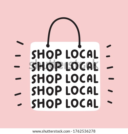 Shop bag with phrases - shop local.  Flat vector illustration on pink background.