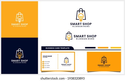 Shop bag with smart light bulb symbol logo design concept and business card template