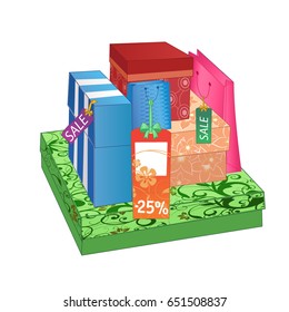Shop bags and boxes stand with tags sale. Vector illustration