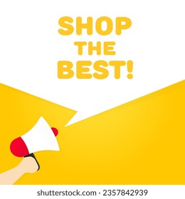 Shop the best icon. Flat, yellow, megaphone and text, icon for the store, shop the best. Vector icon