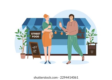 Shop blue concept with people scene in the flat cartoon design. Two friends took something to eat at a street food shop. Vector illustration.