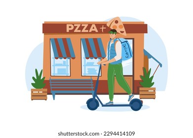 Shop blue concept with people scene in the flat cartoon design. Courier took the pizza from the cafe to deliver it to customers. Vector illustration.