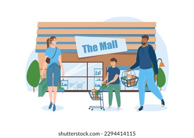 Shop blue concept with people scene in the flat cartoon style. Family went together to the supermarket for groceries. Vector illustration.