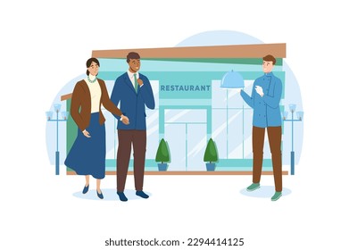 Shop blue concept with people scene in the flat cartoon design. Man with his wife go to the restaurant. Vector illustration.