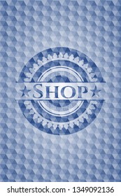 Shop blue emblem with geometric background.