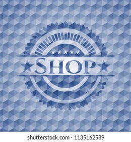 Shop blue emblem with geometric pattern.