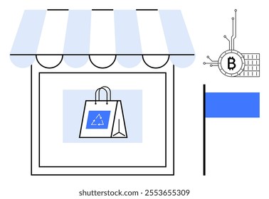 Shop with blue and white awning, a shopping bag with recycle symbol inside, and electronic Bitcoin symbol. Ideal for sustainable shopping, cryptocurrency, eco-consciousness, digital economy, retail