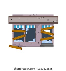 Shop With Boarded Up Storefront And Entrance. Closed And Ruined Grocery And Store. Abandoned Commercial Building. Small Business Problems. Urban Landscape. Economic Crisis. Cartoon Flat Illustration. 