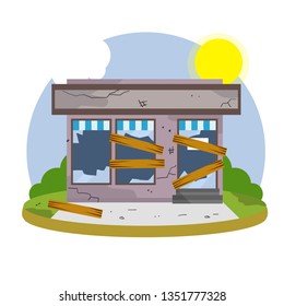 Shop With Boarded Up Storefront And Entrance. Closed And Ruined Grocery And Store. Abandoned Commercial Building. Small Business Problems. Urban Landscape. Economic Crisis. Cartoon Flat Illustration. 