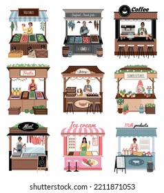 Shop booth. Street market stalls with products, funny sellers, vegetables and fruits, meat, milk and ice cream, coffee and flowers, bakery and seafood, various food, tidy vector cartoon set