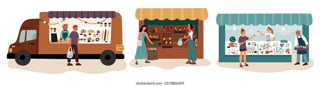 Shop booths with people. Products market stalls. Bread and pastries. Local marketplace. Seafood van kiosk. Vegetables or fruits retail. Street store. Sellers and buyers
