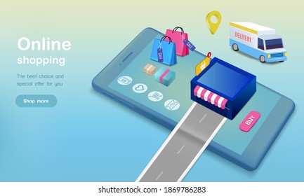 Shop with box and truck for online shopping