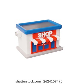 Shop building 3D plastic cartoon style vector icon. Isometric house construction with red striped canopy and signboard. Volumetric store kids game asset isolated on white