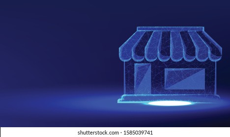 shop building. abstract low poly wireframe mesh design. from connecting dot and line. vector illustration on blue background