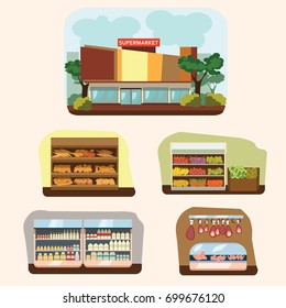 Shop building cartoon set with mini store symbols isolated vector illustration