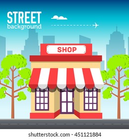 shop building in city space with road on flat syle background concept. Vector illustration design