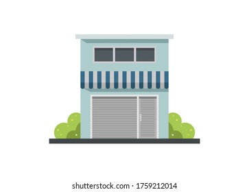 Shop building with closed rolling door. Simple flat illustration.