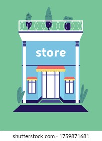 Shop building. Colorful vector illustration in cartoon flat style. Storefront. Small boutique, store, shop. Cute house. Nice hotel or hostel. Shop window. Store opening. Shopping mall.