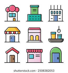 Shop building concept colorful linear icons. color offset line icons flat color outline vector sign collection set.