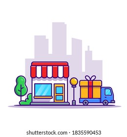 Shop Building And Delivery Truck Car Cartoon Vector Icon Illustration. Business Building Icon Concept Isolated Premium Vector. Flat Cartoon Style