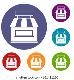 Shop building facade icons set in flat circle red, blue and green color for web