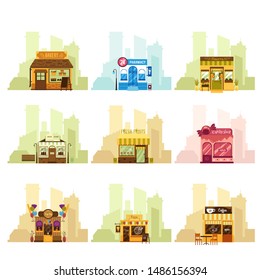 Shop building facade set - cartoon exterior collection of bakery, pharmacy, flower shop, book store, fruits, candy, toys, pizza and coffee places. Isolated flat vector illustration