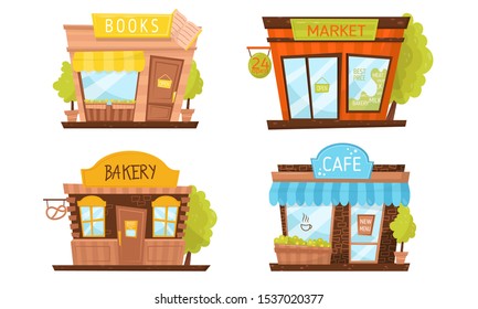 Shop Building Facade Vector Illustrated Set. Elements Isolated On White Background