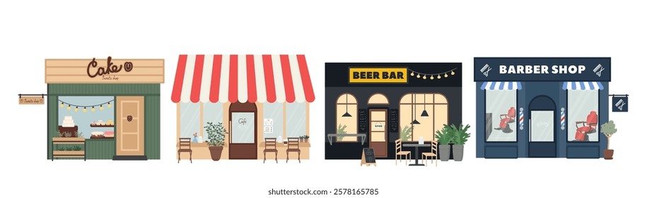 Shop building facades for small business set with showcase windows of sweets store, beer bar, cafe, barbershop vector illustration. Glasses display exterior, markets front view of social services