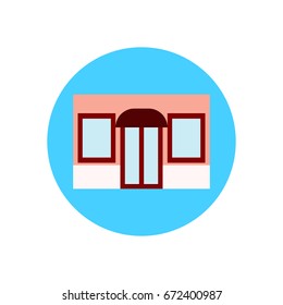 Shop building flat icon. Round colorful button, circular vector sign, logo illustration. Flat style design