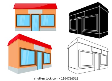 Shop building. Front and side view. 3d and outline drawing. Vector illustration isolated on white background