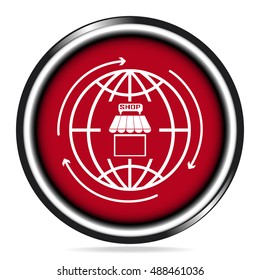 Shop building and global icon on red button, Store building icon