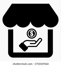 Shop building and a hand with a dollar. Acceptance of payments in dollars. Payment in dollars. Vector icon.