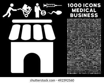 Shop Building icon with 1000 medical business white vector design elements. Collection style is flat symbols, black background.