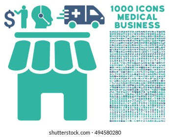 Shop Building icon with 1000 medical commercial cobalt and cyan vector design elements. Collection style is flat bicolor symbols, white background.