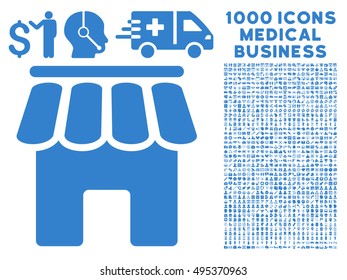 Shop Building icon with 1000 medical commerce cobalt vector design elements. Clipart style is flat symbols, white background.
