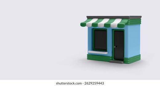 Ícone de construção de loja em estilo 3D Cartoon. Pequena Loja de Varejo com Toldo Verde e Paredes Azuis, Isolada em Fundo Claro. Perfeito para projetos de comércio eletrônico. Ilustração de vetor.
