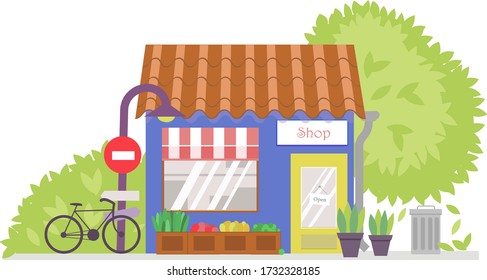 Shop building icon with bicycle,vegetables and fruits. Vector illustration.