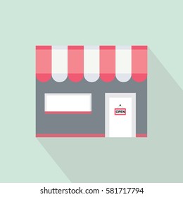 Shop Building Icon With Long Shadow Isolated In Blue Background