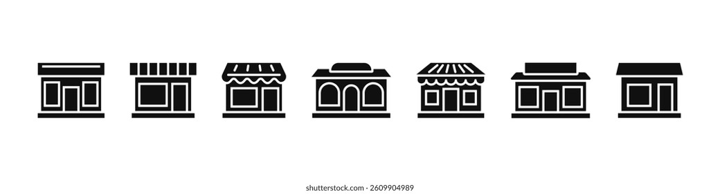 Shop building icon set. Store symbol. Supermarket build. Vector.