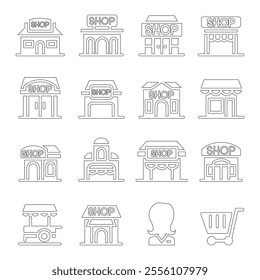 Shop building icon set in thin line style