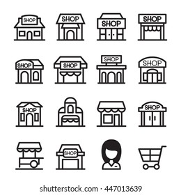 Shop Building Icon Set  In Thin Line Style