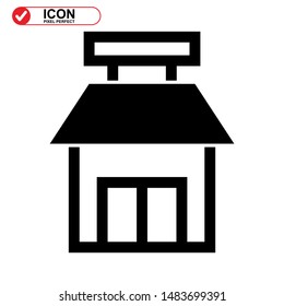 Shop building icon, Street retail, wheel market. Trade cart. Food kiosk and trolley. black style vector icons 
