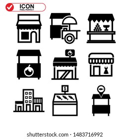 Shop Building Icon, Street Retail, Wheel Market. Trade Cart. Food Kiosk And Trolley. Collection Of High Quality Black Style Vector Icons 
