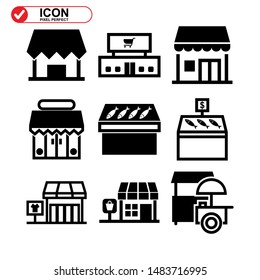 Shop Building Icon, Street Retail, Wheel Market. Trade Cart. Food Kiosk And Trolley. Collection Of High Quality Black Style Vector Icons 
